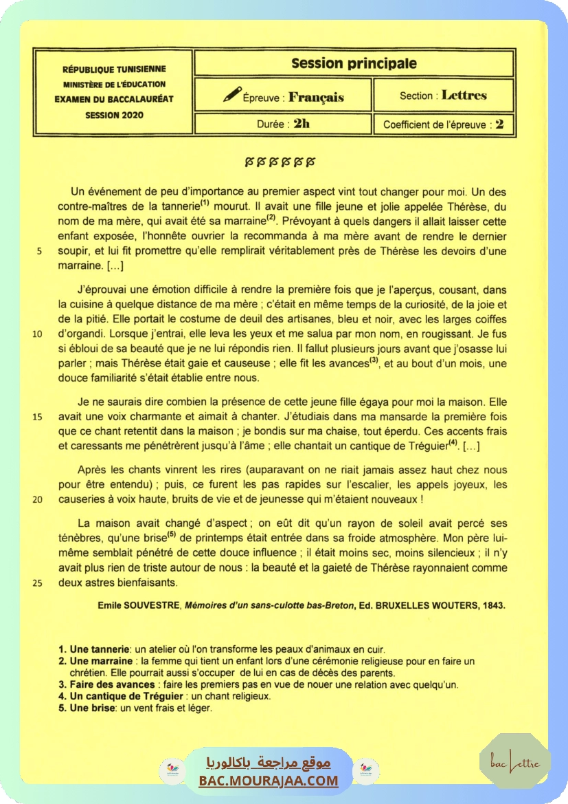 Sujet principale francais Bac 2020 – Section lettre